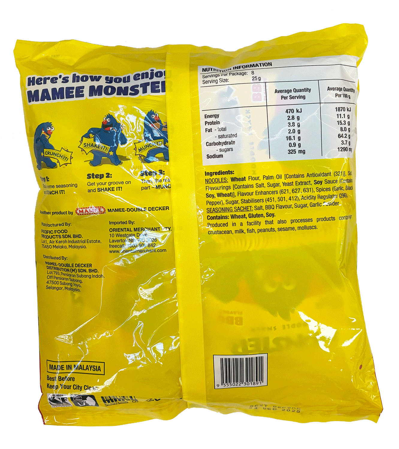 Mamee Monster Noodle Snack 200g BBQ Flavour  - 8 Packs