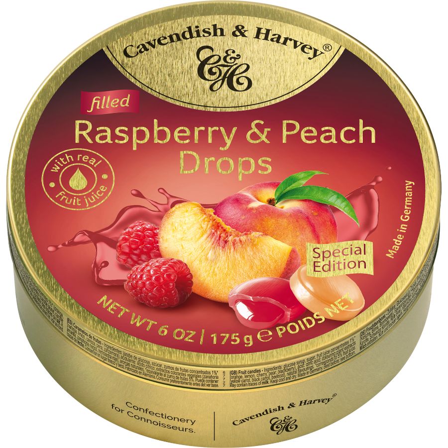 Cavendish And Harvey Tins Raspberry With Peach Filled Drops 175g