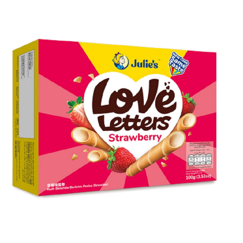 Julie's Love Letters Strawberry Cream Wafer Rolls 100g