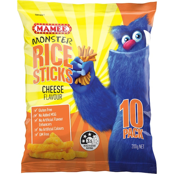 Mamee Rice Snacks Sticks Cheese Flavour 200g (10 x 20g)