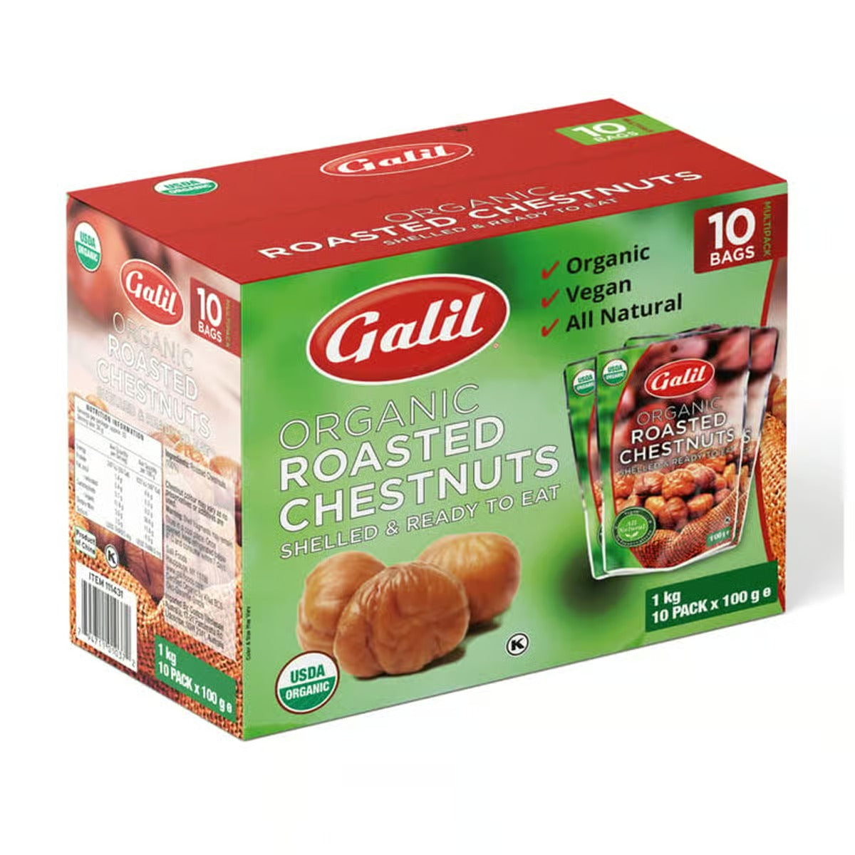 Galil Organic Roasted Chestnuts (100 g x 10 pk)