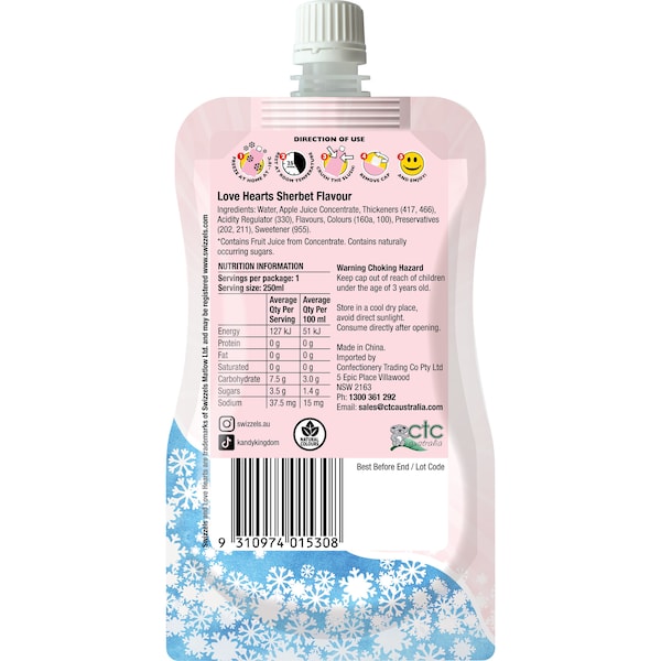 Swizzels Love Hearts 冰沙袋 – 雪泡糖味,250毫升