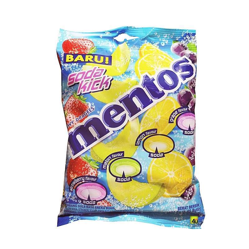 Mentos 苏打风味劲爽咀嚼糖 – 121.5克（草莓、葡萄、柠檬、葡萄）
