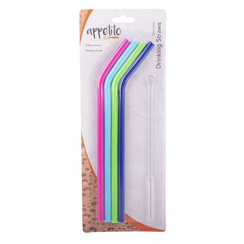 APPETITO Appetito Silicone Bent Drinking Straw Set 4 With Brush Asst Colours 