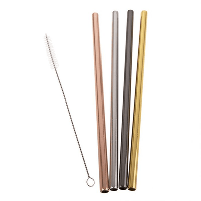 APPETITO Appetito Stainless Steel Straight Smoothie Straws Set 4 With Brush Metallic #3440MC - happyinmart.com.au