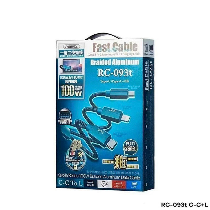 Remax Kerolla Series 100w 2in1 Type C To C+L Multi Functional Aluminum Fast Charging Data Cable Blue 