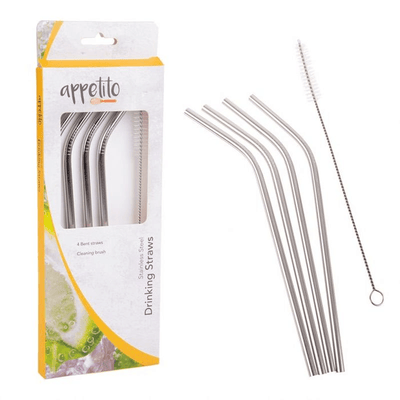 APPETITO Appetito Stainless Steel Bent Drinking Straws Set 4 With Brush #3441 - happyinmart.com.au