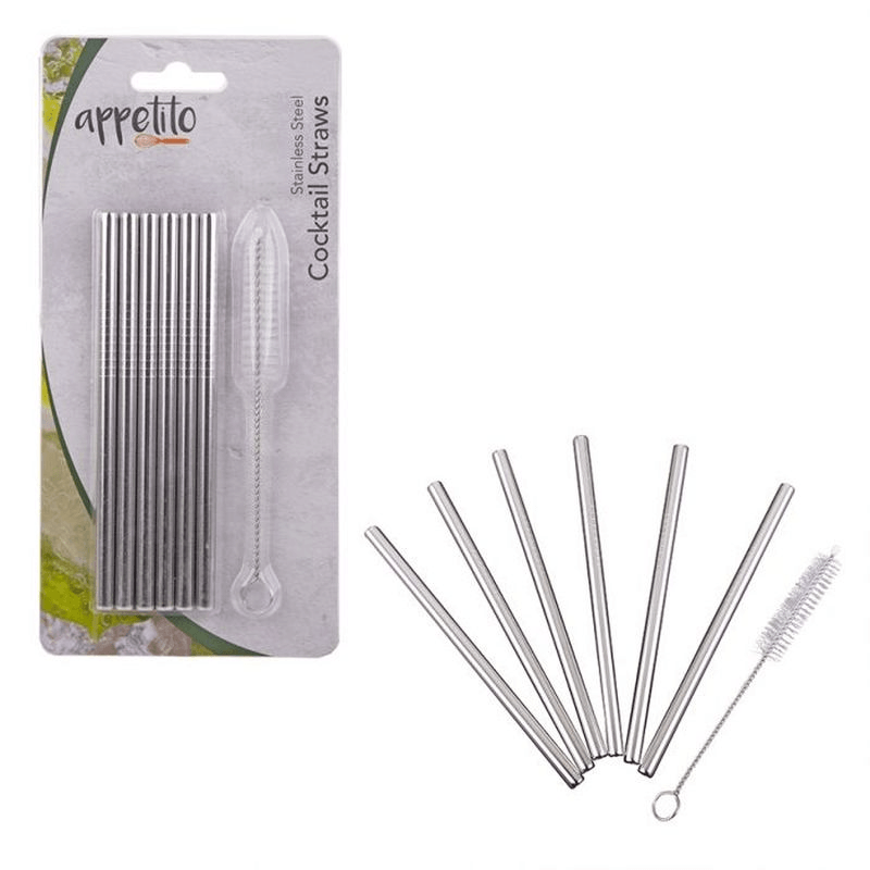 APPETITO Appetito Stainless Steel Cocktail Straws Set 6 With Brush 