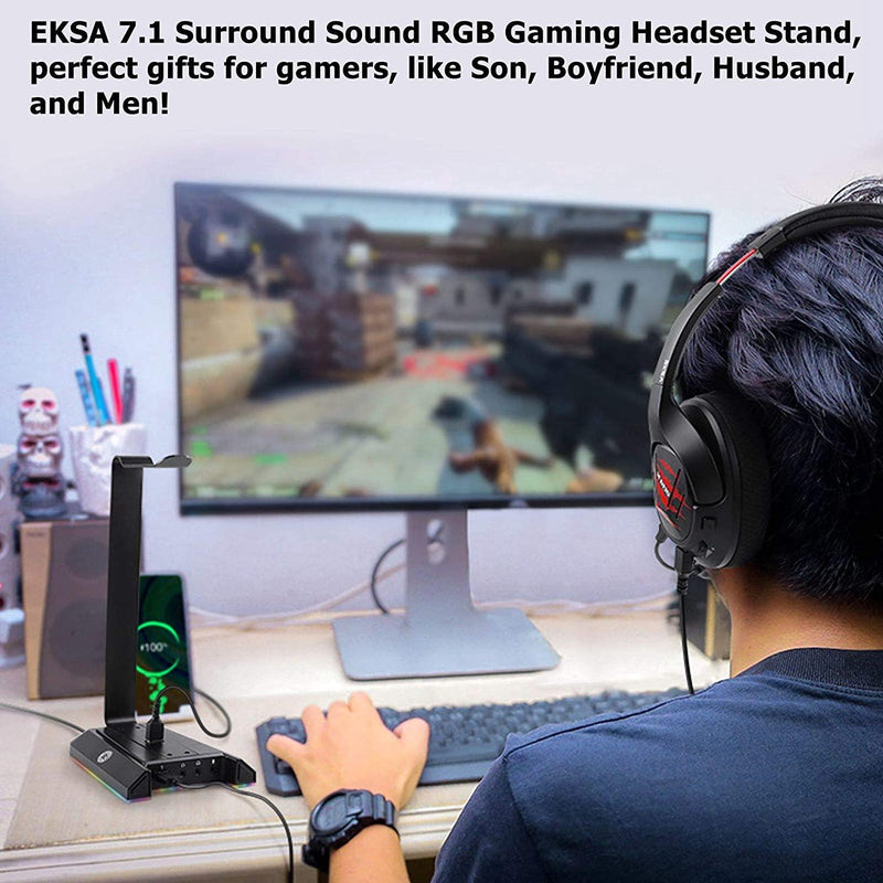 EKSA EKSA Gaming Headphone Headset Stand, Aluminum RGB Headset Headphone Stand Holder with USB Charger 7.1 Surround Sound and 3.5mm Port Fit for Gamers Gifts Desk Gaming Accessories - happyinmart.com.au