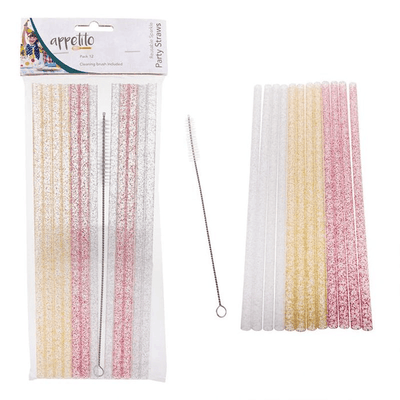 APPETITO Appetito Reusable Sparkle Party Straws Pack 12 With Brush Asst Colours #3437 - happyinmart.com.au