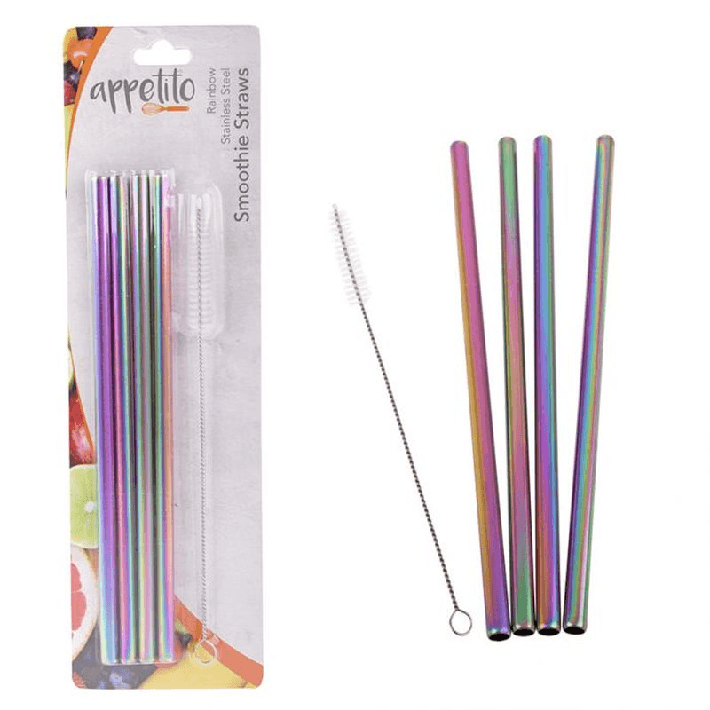 APPETITO Appetito Stainless Steel Straight Smoothie Straws Set 4 With Brush Rainbow 