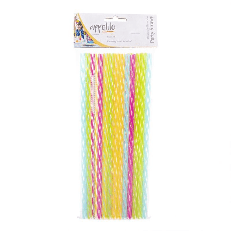 APPETITO Appetito Reusable Rainbow Party Straws Pack 24 With Brush Asst Colours 