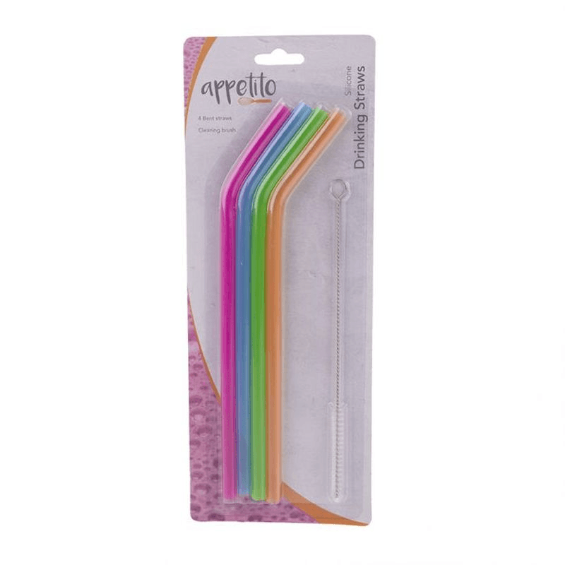 APPETITO Appetito Translucent Silicone Bent Straws Set 4 With Brush Asst Colours 