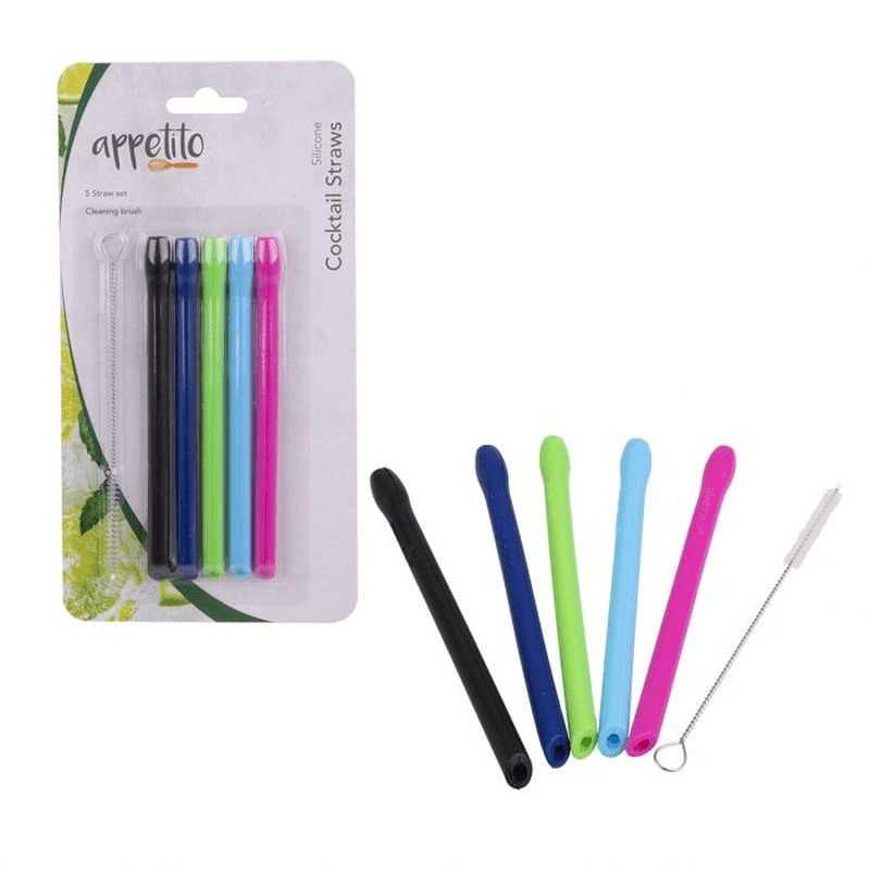 APPETITO Appetito Silicone Cocktail Straws Set 5 With Brush Asst Colours 