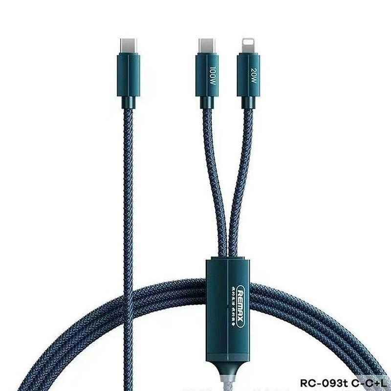 Remax Kerolla Series 100w 2in1 Type C To C+L Multi Functional Aluminum Fast Charging Data Cable Blue 