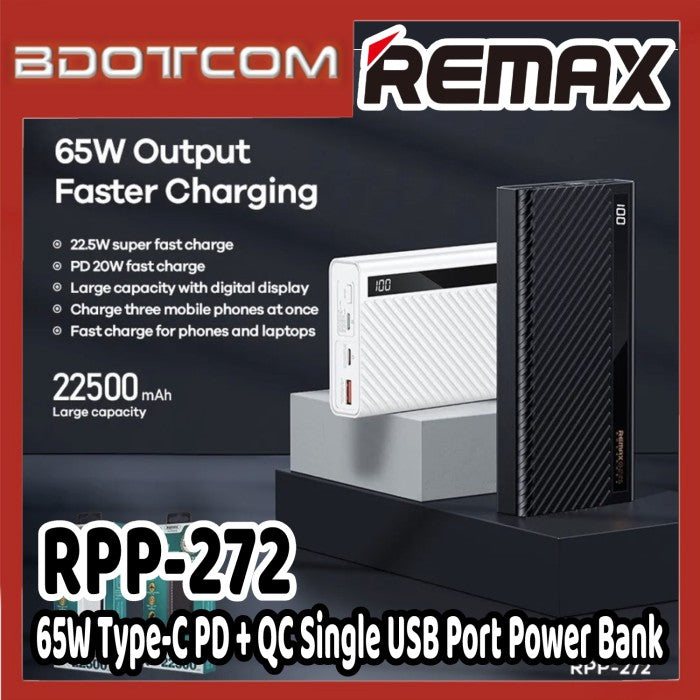 Remax Hunyo II 65W QC+PD Super Fast Charging Portable Powerbank 22500mAh Type C Cable Black 